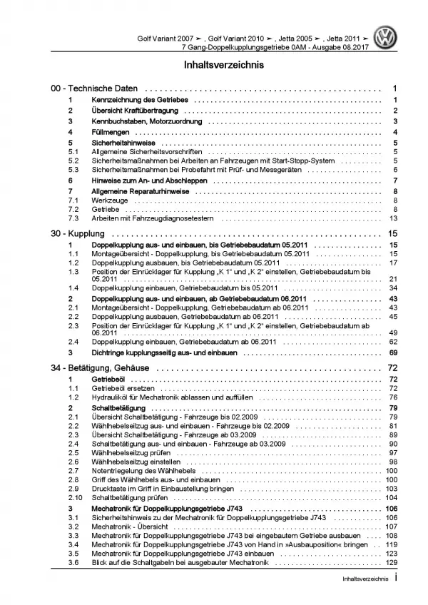 VW Jetta 5 1K (04-10) 7 Gang Automatikgetriebe DKG 0AM Reparaturanleitung PDF