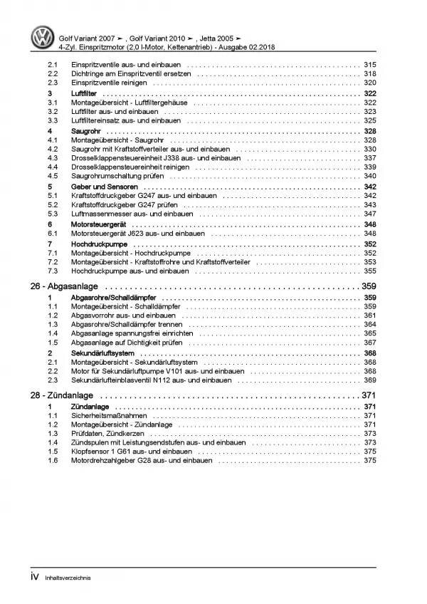 VW Jetta 5 1K (04-10) 4-Zyl. 2,0l TFSI Benzinmotor 200 PS Reparaturanleitung PDF