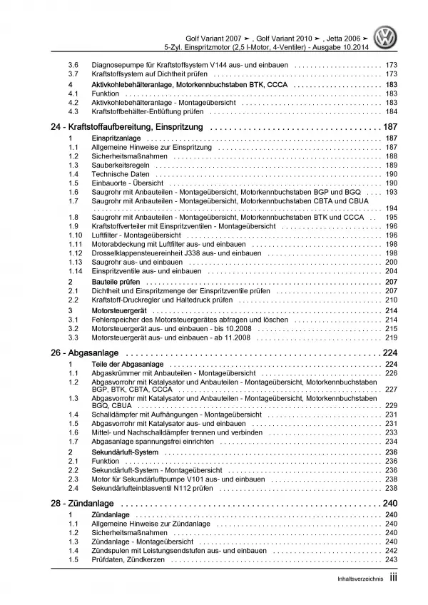 VW Jetta 5 1K (04-10) 5-Zyl. 2,5l Benzinmotor 150-170 PS Reparaturanleitung PDF
