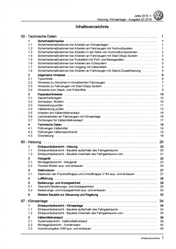VW Jetta 6 AV 2014-2018 Heizung Belüftung Klimaanlage Reparaturanleitung PDF