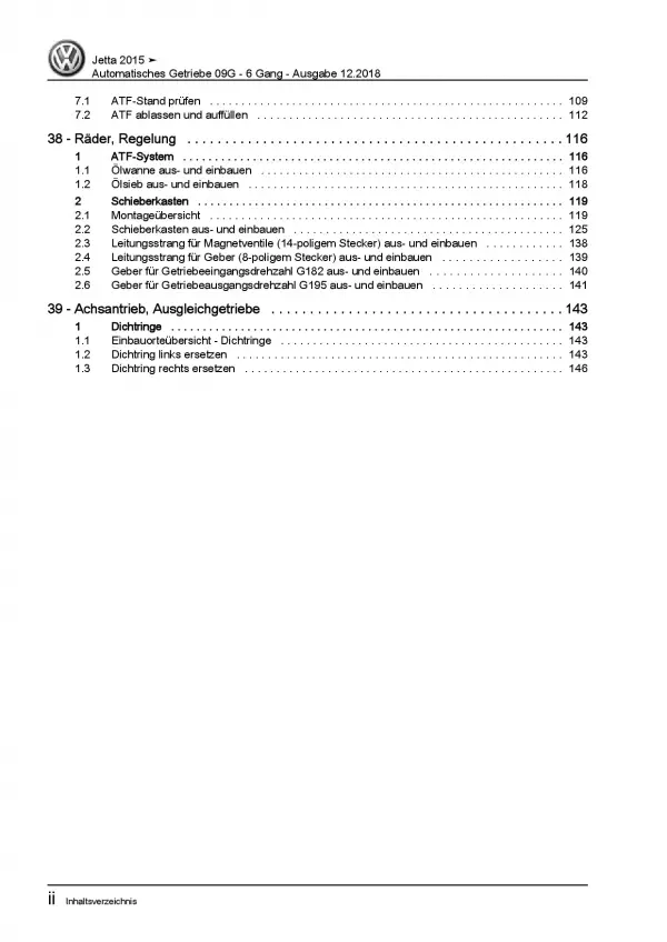VW Jetta 6 Typ AV 2014-2018 6 Gang Automatikgetriebe 09G Reparaturanleitung PDF