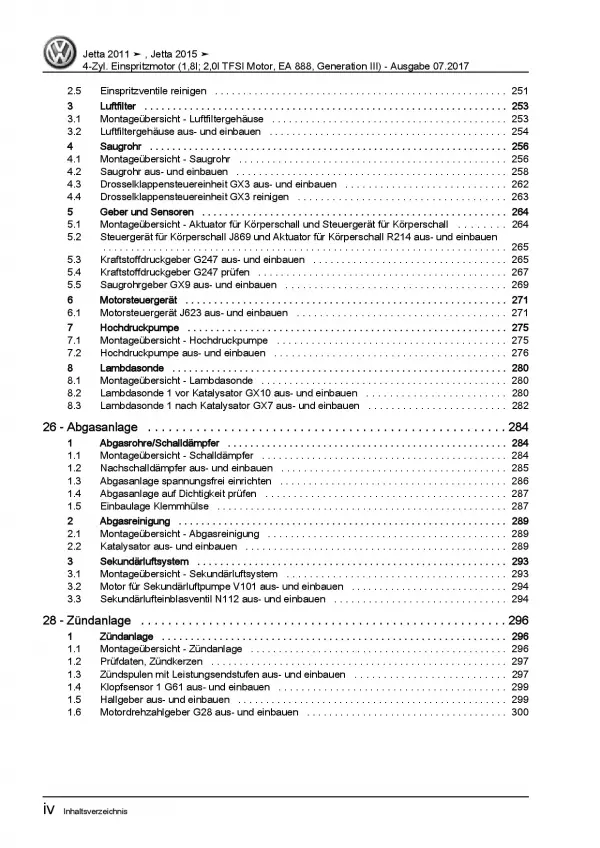 VW Jetta 6 AV 2014-2018 1,8l 2,0l Benzinmotor 170-210 PS Reparaturanleitung PDF