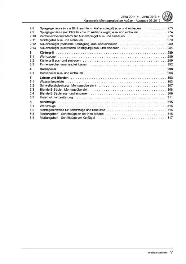 VW Jetta 6 AV 2010-2014 Karosserie Montagearbeiten Außen Reparaturanleitung PDF