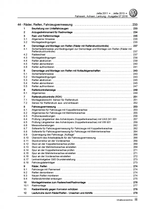 VW Jetta 6 Typ AV 2010-2014 Fahrwerk Achsen Lenkung Reparaturanleitung PDF
