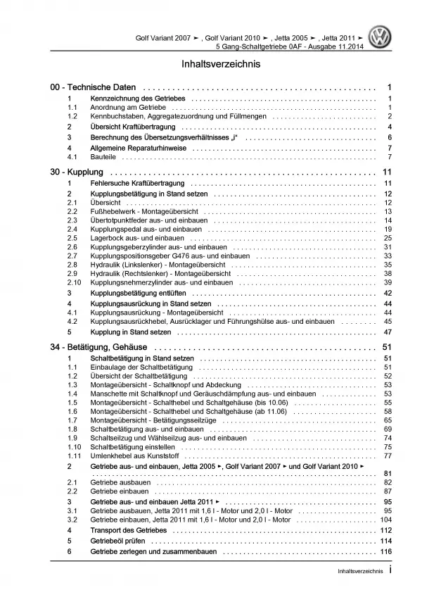 VW Jetta 6 AV (10-14) 5 Gang Schaltgetriebe 0AF Kupplung Reparaturanleitung PDF