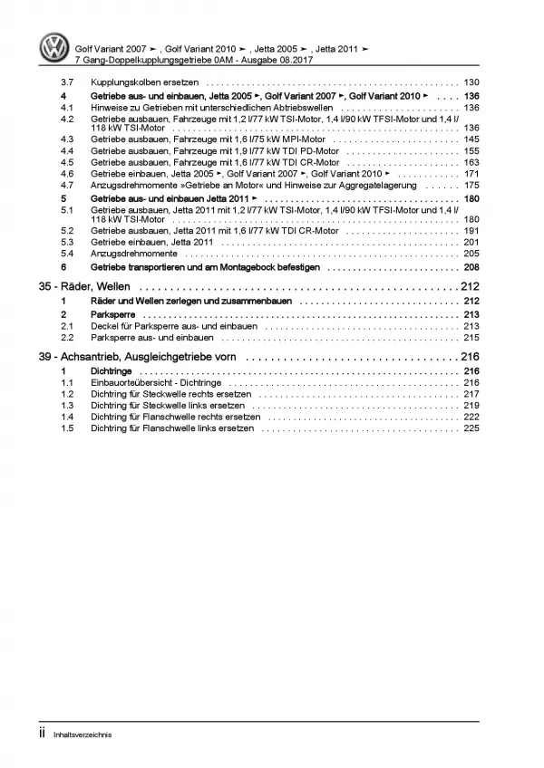 VW Jetta 6 AV (10-14) 7 Gang Automatikgetriebe DKG 0AM Reparaturanleitung PDF