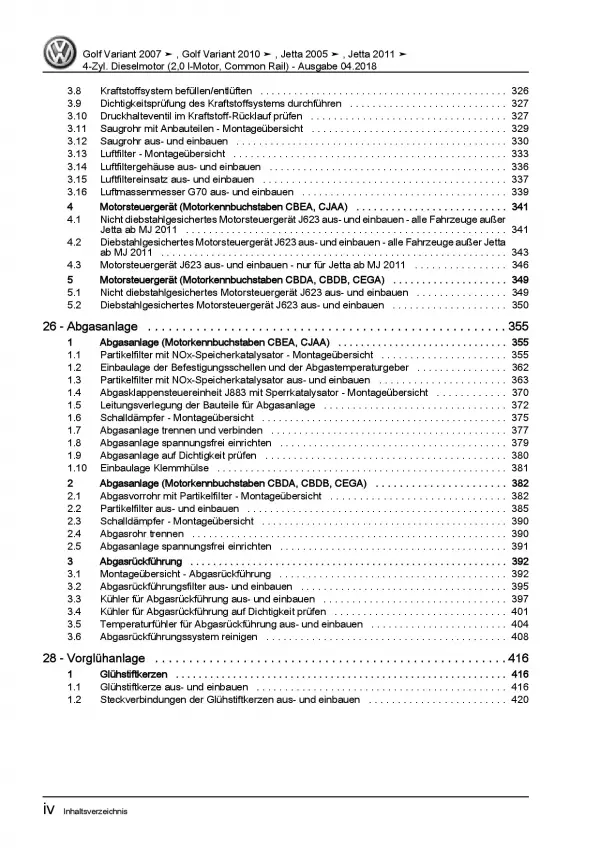 VW Jetta 6 Typ AV (10-14) 2,0l Dieselmotor TDI 136-170 PS Reparaturanleitung PDF