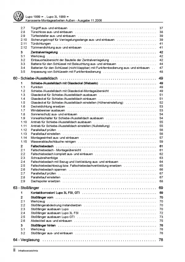 VW Lupo GTI 1998-2006 Karosserie Montagearbeiten Außen Reparaturanleitung PDF