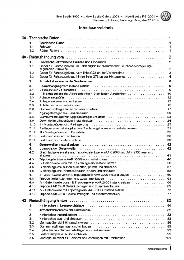 VW New Beetle RSi 9G (01-05) Fahrwerk Achsen Lenkung Reparaturanleitung PDF