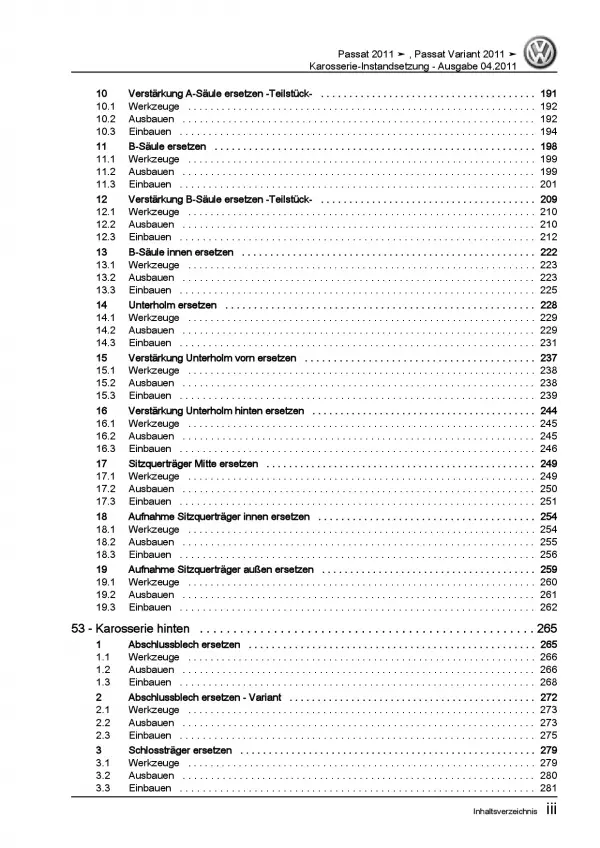 VW Passat 7 3C 2010-2014 Karosserie Unfall Instandsetzung Reparaturanleitung PDF
