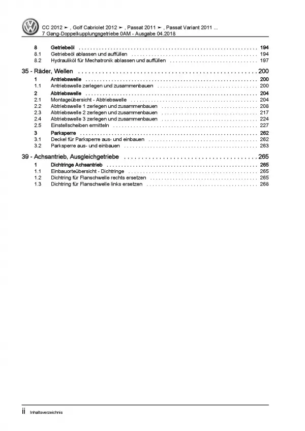 VW Passat  7 3C (10-14) 7 Gang Automatikgetriebe DKG 0AM Reparaturanleitung PDF