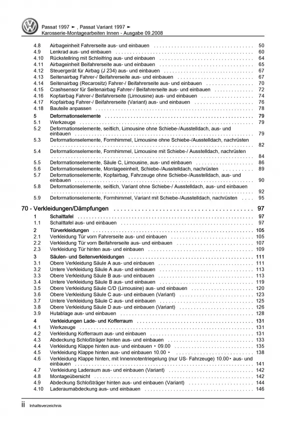 VW Passat 5 3B 1996-2005 Karosserie Montagearbeiten Innen Reparaturanleitung PDF