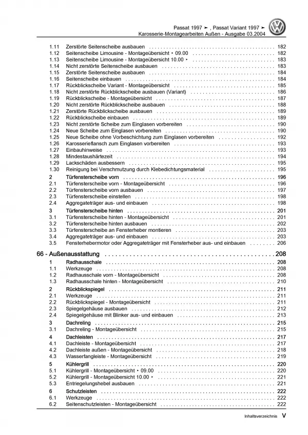 VW Passat 5 3B 1996-2005 Karosserie Montagearbeiten Außen Reparaturanleitung PDF