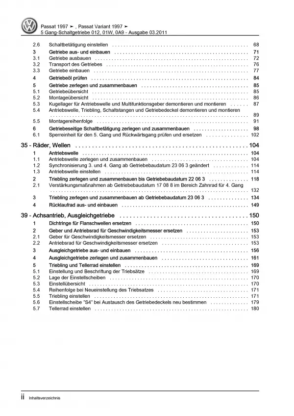 VW Passat 5 3B (96-05) 5 Gang Schaltgetriebe 012 01W 0A9 Reparaturanleitung PDF