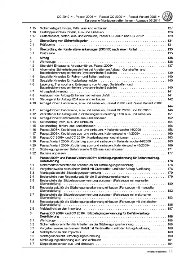 VW Passat 6 3C 2004-2010 Karosserie Montagearbeiten Innen Reparaturanleitung PDF
