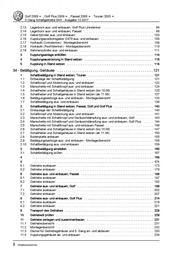 VW Passat 6 3C (04-10) 5 Gang Schaltgetriebe 0AH Kupplung Reparaturanleitung PDF