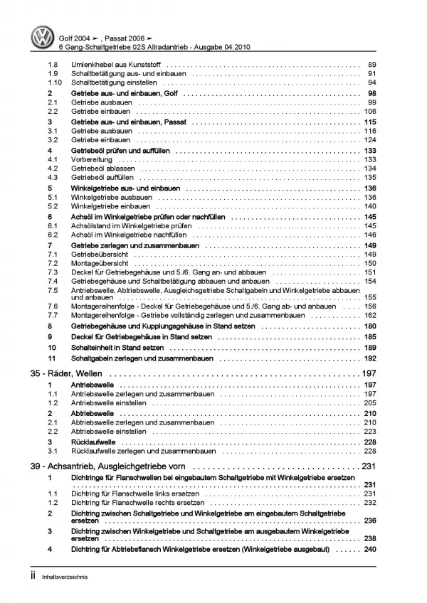 VW Passat 6 3C 2004-2010 6 Gang Schaltgetriebe 02S Allrad Reparaturanleitung PDF
