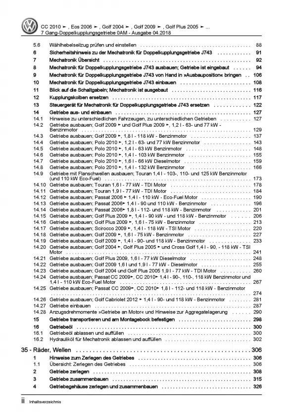 VW Passat 6 3C (04-10) 7 Gang Automatikgetriebe DKG 0AM Reparaturanleitung PDF