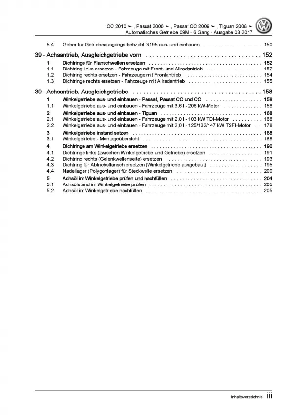 VW Passat 6 Typ 3C 2004-2010 6 Gang Automatikgetriebe 09M Reparaturanleitung PDF