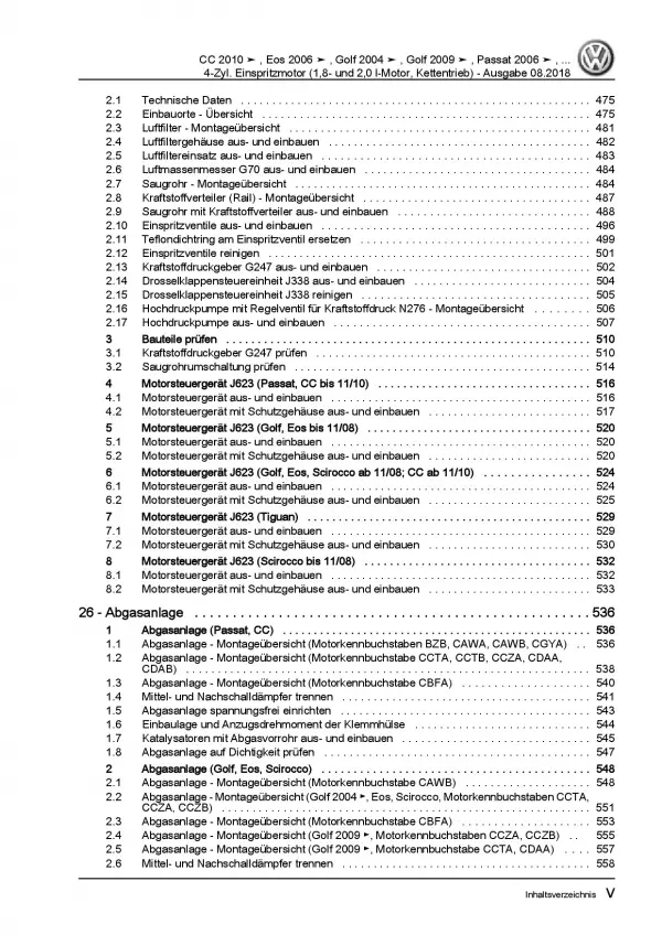 VW Passat 6 3C (04-10) 1,8l 2,0l Benzinmotor 152-210 PS Reparaturanleitung PDF