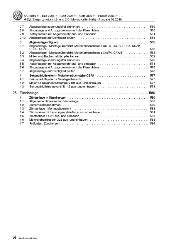 VW Passat 6 3C (04-10) 1,8l 2,0l Benzinmotor 152-210 PS Reparaturanleitung PDF