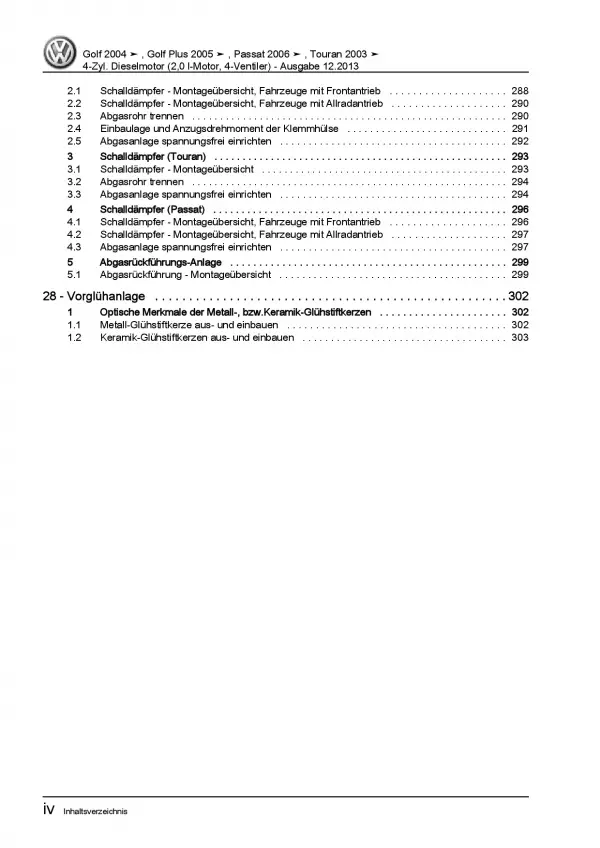 VW Passat 6 3C (04-10) 4-Zyl. 2,0l Dieselmotor 120-170 PS Reparaturanleitung PDF
