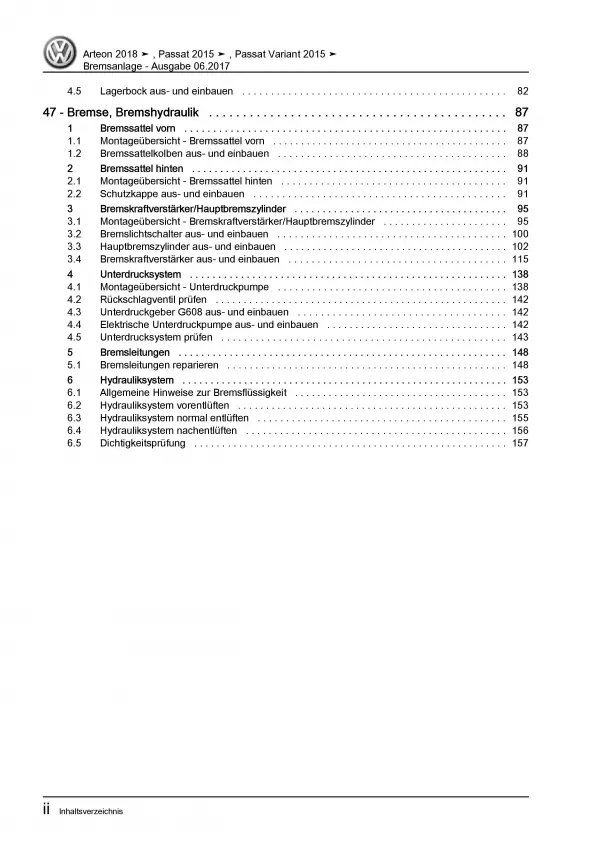 VW Passat 8 3G 2014-2019 Bremsanlagen Bremsen System Reparaturanleitung PDF