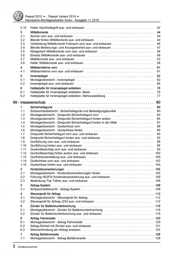 VW Passat 8 3G 2014-2019 Karosserie Montagearbeiten Innen Reparaturanleitung PDF