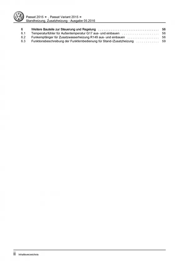 VW Passat 8 Typ 3G 2014-2019 Standheizung Zusatzheizung Reparaturanleitung PDF