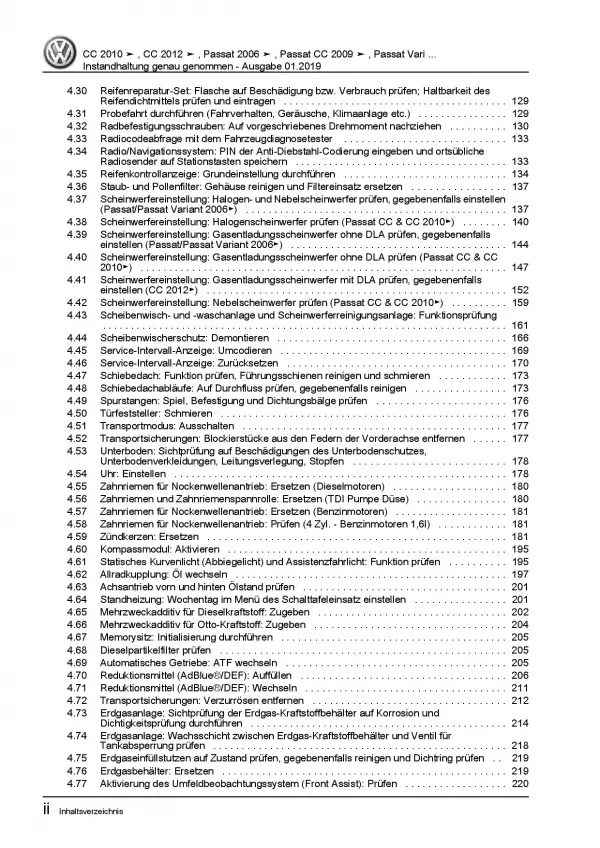 VW Passat CC 35 (08-16) Instandhaltung Inspektion Wartung Reparaturanleitung PDF