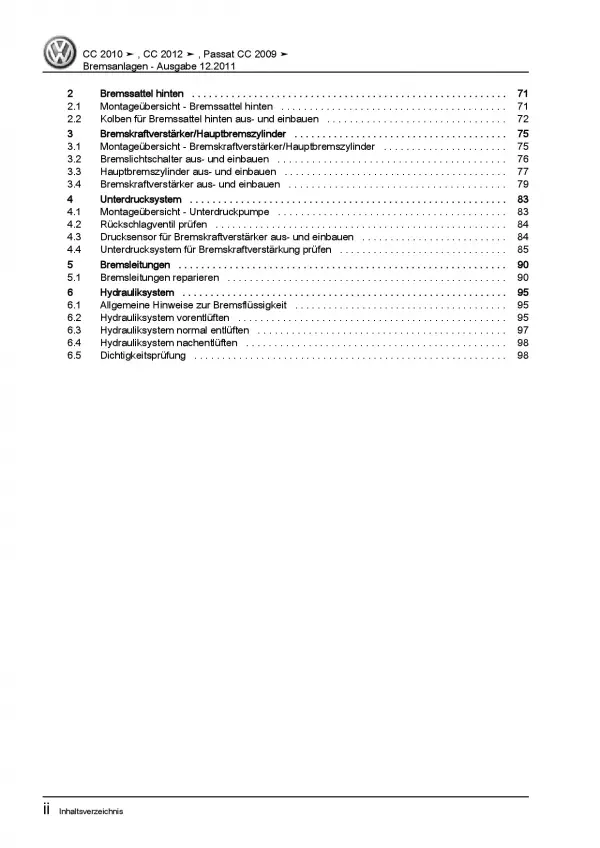 VW Passat CC 35 2008-2016 Bremsanlagen Bremsen System Reparaturanleitung PDF