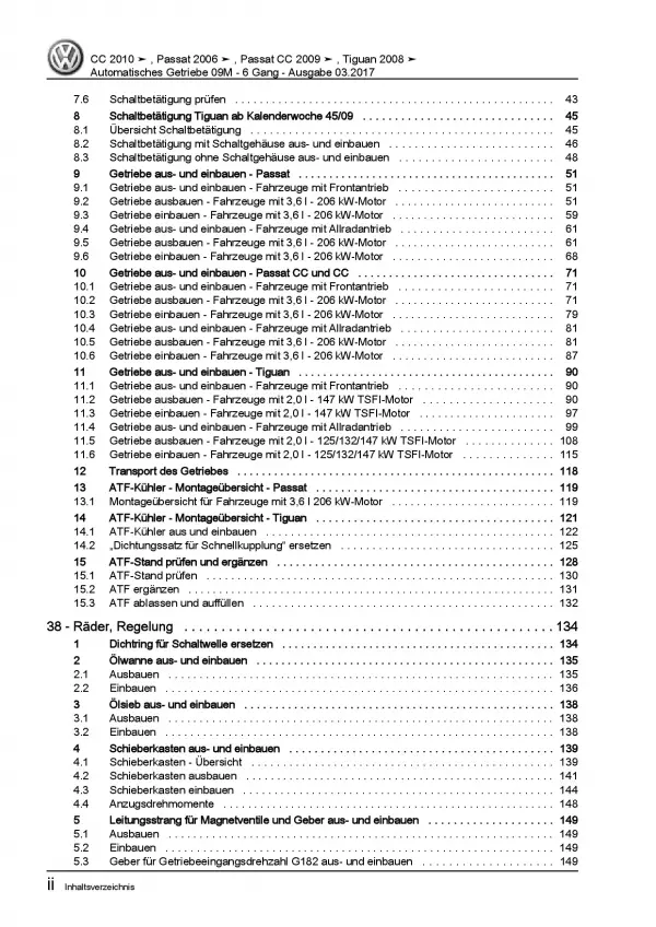 VW Passat CC 35 2008-2012 6 Gang Automatikgetriebe 09M Reparaturanleitung PDF