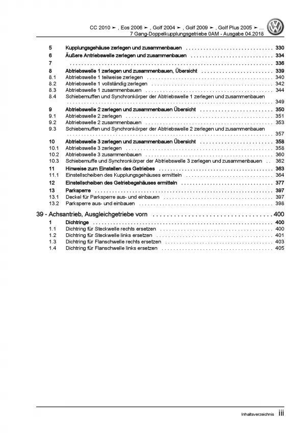 VW Passat CC 35 (08-12) 7 Gang Automatikgetriebe 0AM DKG Reparaturanleitung PDF