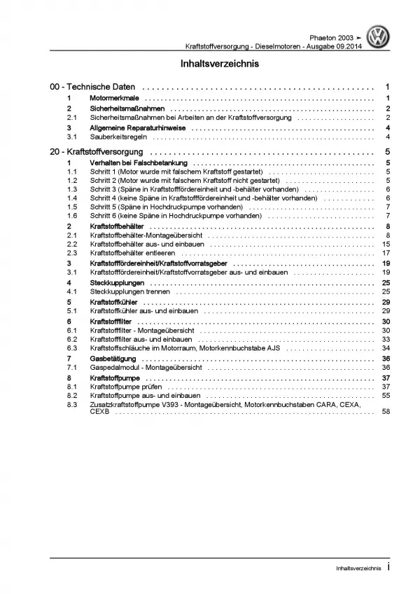 VW Phaeton 3D (01-16) Kraftstoffversorgung Dieselmotor Reparaturanleitung PDF