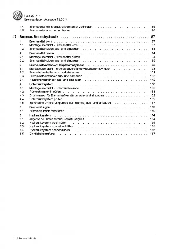 VW Polo 5 6C 2014-2017 Bremsanlagen Bremsen System Reparaturanleitung PDF