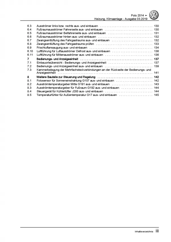 VW Polo 5 Typ 6C 2014-2017 Heizung Belüftung Klimaanlage Reparaturanleitung PDF