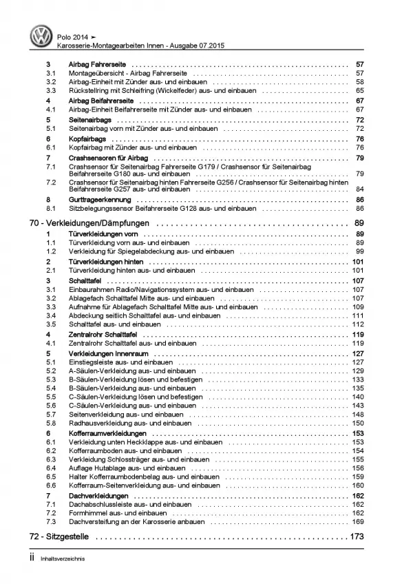 VW Polo 5 6C 2014-2017 Karosserie Montagearbeiten Innen Reparaturanleitung PDF