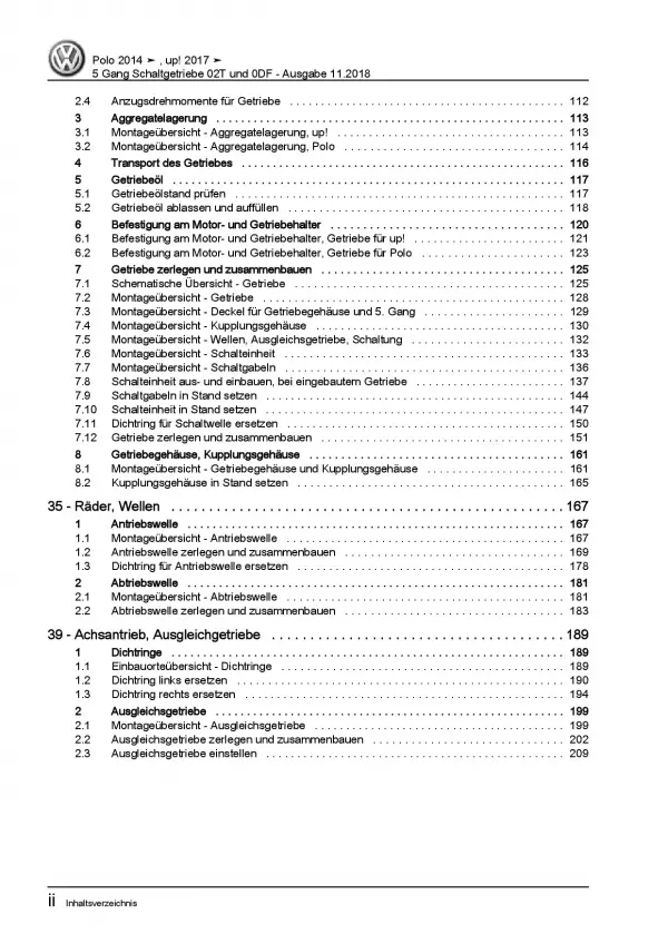 VW Polo 5 Typ 6C 2014-2017 5 Gang Schaltgetriebe 02T 0DF Reparaturanleitung PDF