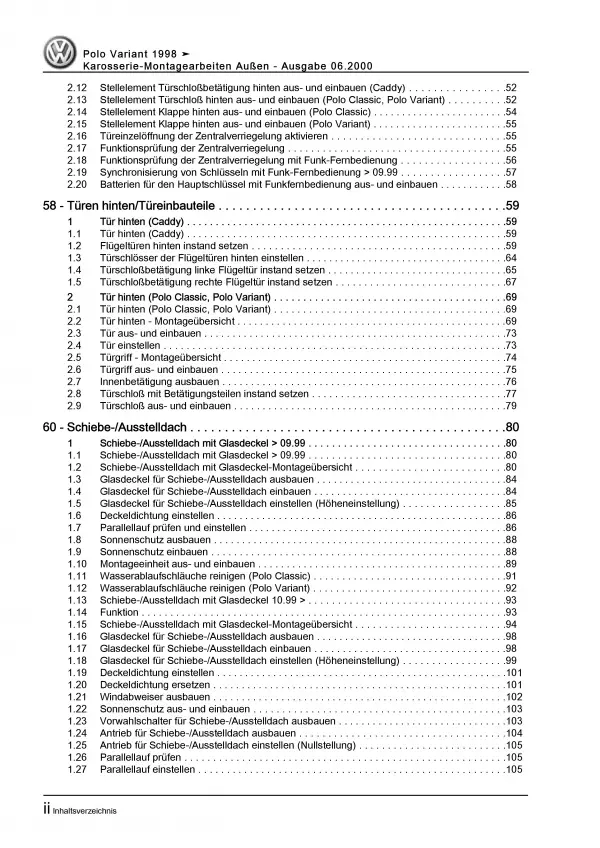 VW Polo Variant (97-01) Karosserie Montagearbeiten Außen Reparaturanleitung PDF