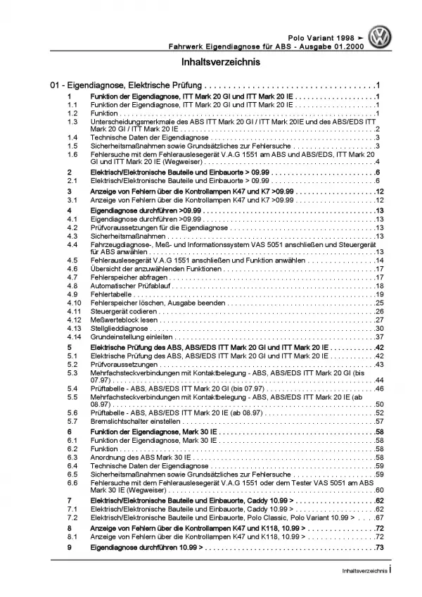 VW Polo 3 Variant (97-01) Eigendiagnose Fahrwerk Bremsen Reparaturanleitung PDF