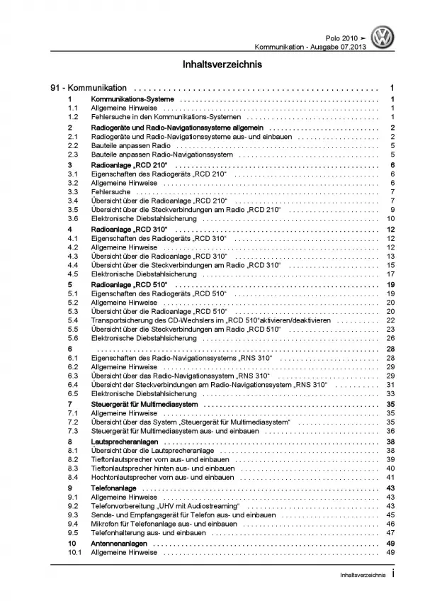 VW Polo 5 Typ 6R 2009-2014 Radio Navigation Kommunikation Reparaturanleitung PDF