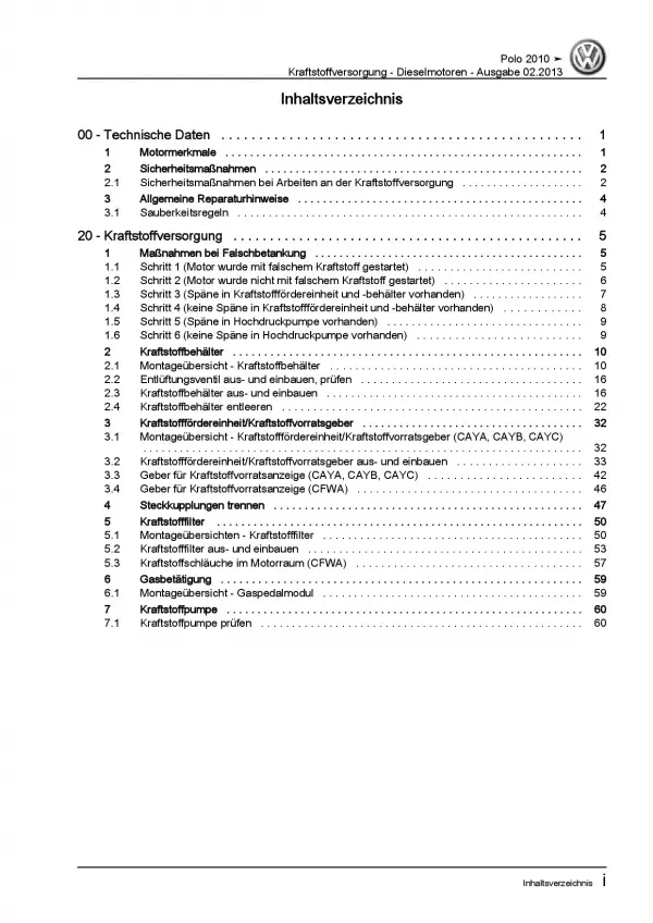 VW Polo 5 6R 2009-2014 Kraftstoffversorgung Dieselmotoren Reparaturanleitung PDF