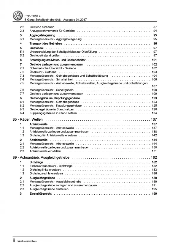 VW Polo 5 6R 2009-2014 6 Gang Schaltgetriebe 0A8 Kupplung Reparaturanleitung PDF