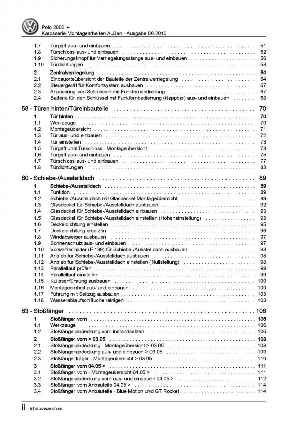 VW Polo 4 Typ 9N (01-10) Karosserie Montagearbeiten Außen Reparaturanleitung PDF