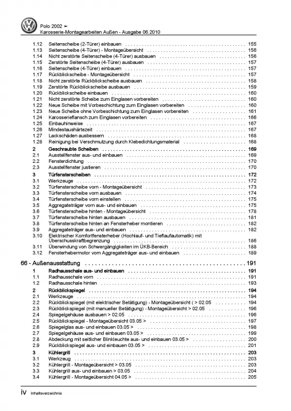 VW Polo 4 Typ 9N (01-10) Karosserie Montagearbeiten Außen Reparaturanleitung PDF