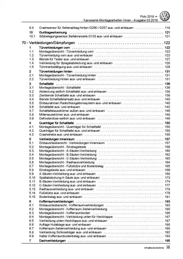 VW Polo Typ AW ab 2018 Karosserie Montagearbeiten Innen Reparaturanleitung PDF