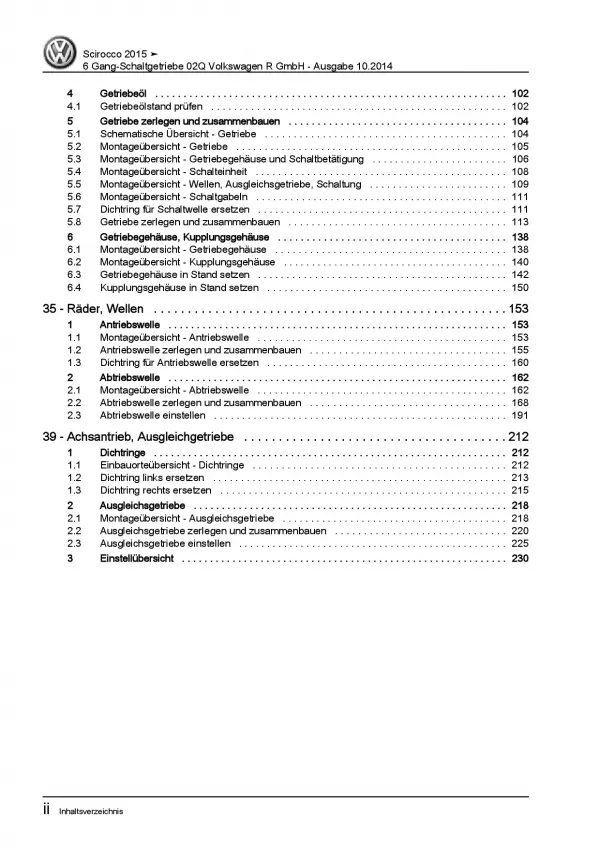 VW Scirocco Typ 13 R (14-17) 6 Gang Schaltgetriebe 02Q Reparaturanleitung PDF