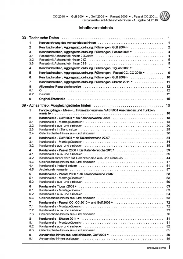 VW Sharan 7N 2010-2015 Kardanwelle Achsantrieb hinten Reparaturanleitung PDF