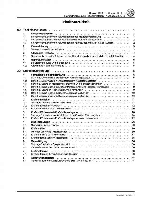 VW Sharan 7N ab 2010 Kraftstoffversorgung Dieselmotoren Reparaturanleitung PDF