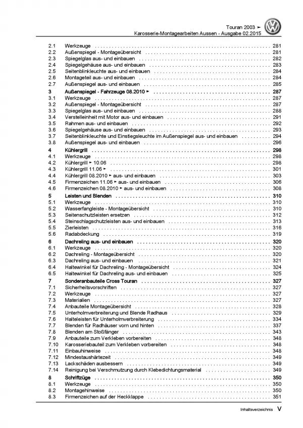 VW Touran Typ 1T (03-15) Karosserie Montagearbeiten Außen Reparaturanleitung PDF